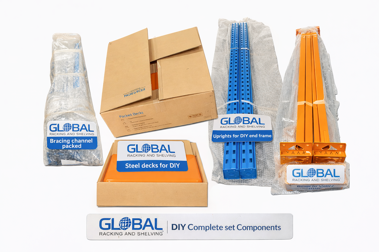 Global DIY complete set components including bracing channel, steel decks, and other shelving items on a white background.